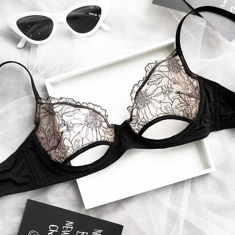 Womens French Lace Underwire Push Up Bra and Brief Set