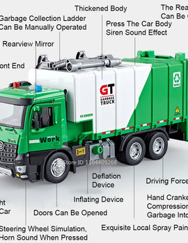 1:24 Pneumatic Garbage Car Electric Mixer Truck Toy Model Alloy Diecast Sound Light Engineering Vehicle Desktop Ornaments