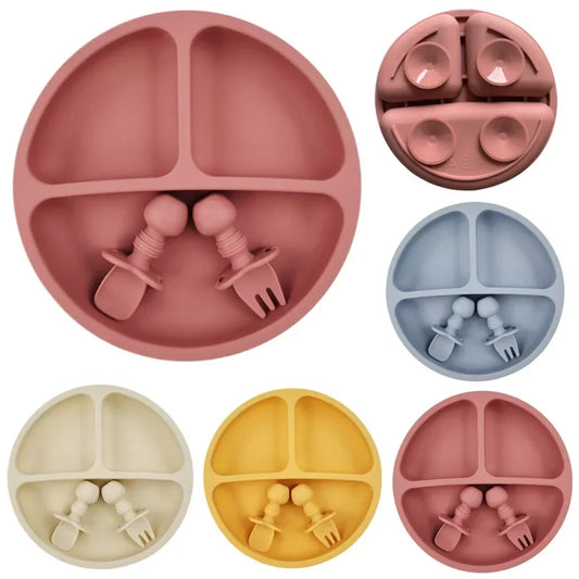 BPA Free Silicone Plate with Spoon Fork Bibs Dishes Safe Dining Plate with Suction Smile Face Plates for s