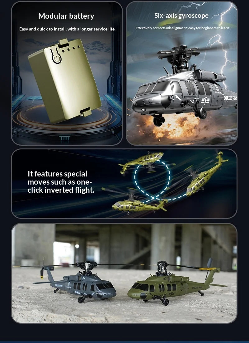 Six Channel Remote Control Military Helicopter With Simulated Stunt Design