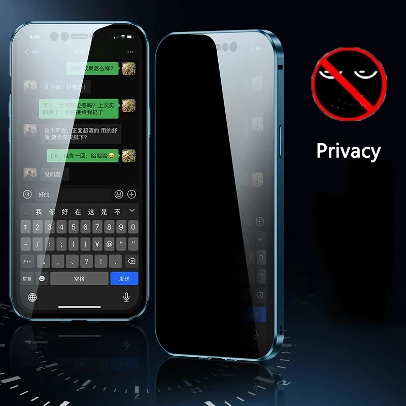 360°Full Protected Metal  Anti Peeping Buckle Lock Phone Case For iPhone 15 14 Pro Max Double-Sided Glass Cover