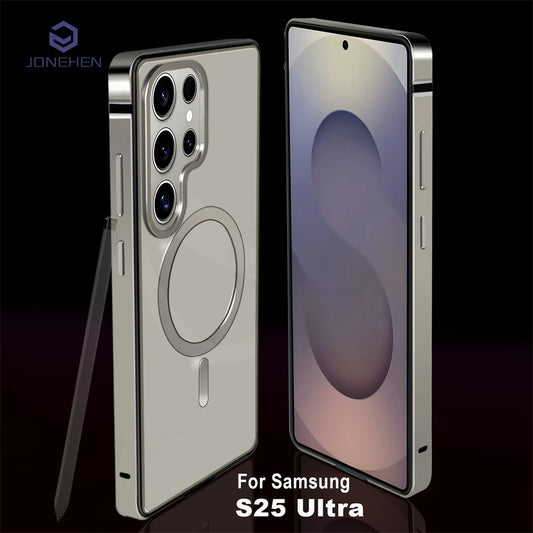 Magnetic Aluminum Metal Frame Case for Samsung Galaxy S26 Ultra / S25 Ultra – MagSafe Hybrid Bumper Transparent Back Cover
