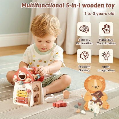 Wooden Building Block For Babies Music Percussion Game Newborn Education Mushroom House 5 in 1 Cartoon Animal Shape Matching Toy