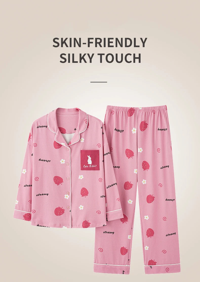Women’s Winter 100% Cotton Pajama Set – Loose Fit, Turn-Down Collar, Long Sleeves, Cute Pink