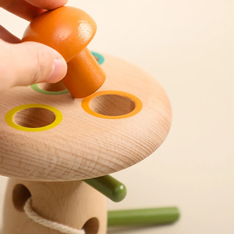 Wooden Baby Montessori Thread Toy Cartoon Mushroom Simulation Toys Natural Building Blocks Place Toys Room Decoration Baby Gifts