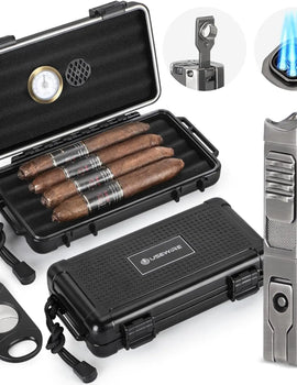 Cigar Travel Humidor and Cigar Lighter Set, Portable Cigar Case with Humidifier Hygrometer, Cutter Cigar Cutter