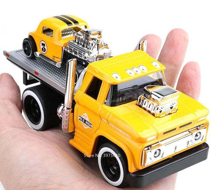 1:60 Scale American Muscle Alloy Trailer Cars Diecast Models Toys with Sound Light Pull Back Vehicle Boys Collection Gifts