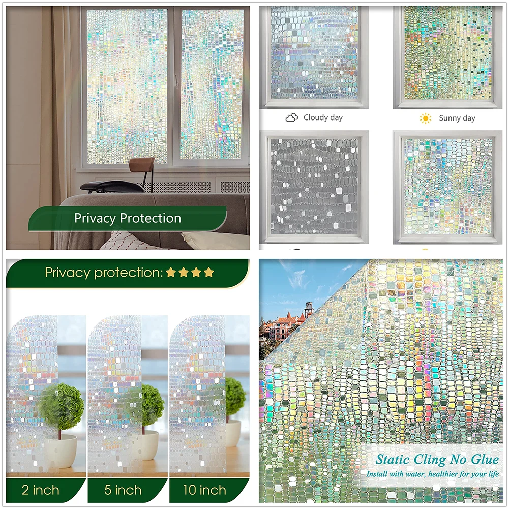 Window Privacy Film Rainbow Window Clings 3D Decorative Vinyl Stained Glass Window Decal Static Cling Sticker Non-Adhesive