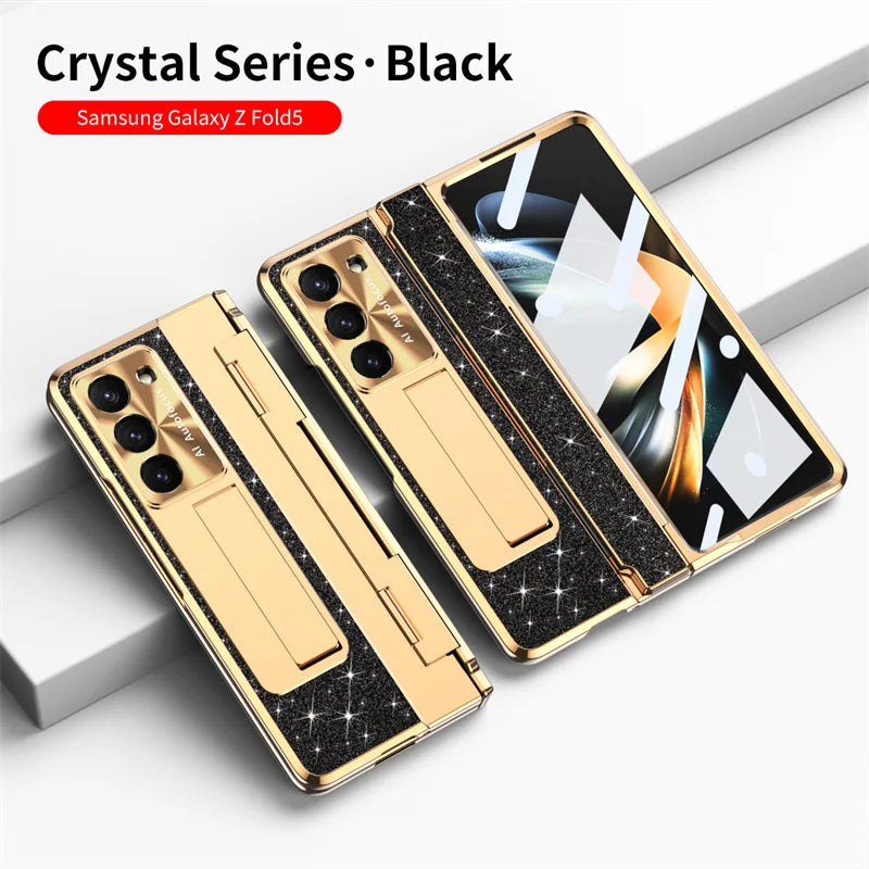 Luxury Flip Leather PC Integrated Phone Case For Samsung Galaxy Z Fold 3 4 5 6 Glitter Series With Holder Phone Protective Case