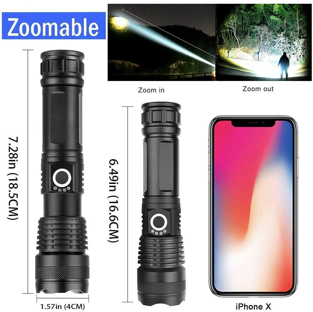 XHP120 LED Flashlight Rechargeable Zoom Tactical Torch with COB Side Light Power Bank Function