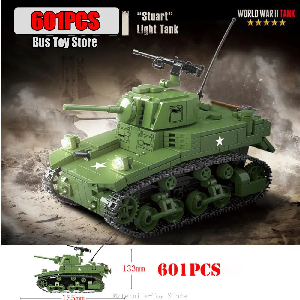 Ww2 Military Tanks Series Stuart Light Tank Tiger Leopard TANK Soldier Building Blocks Bricks Army  Toys for Boy Gifts