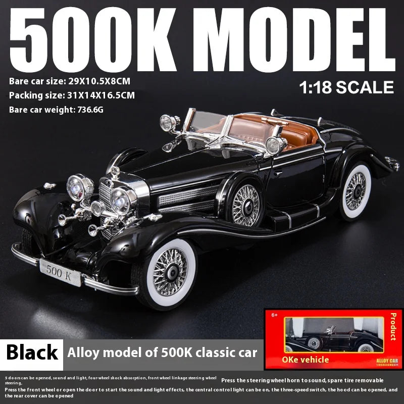 Diecast 1/18 1936 500K Classic Car Alloy Metal Model Sound And Light Toy Collect Display Ornament
