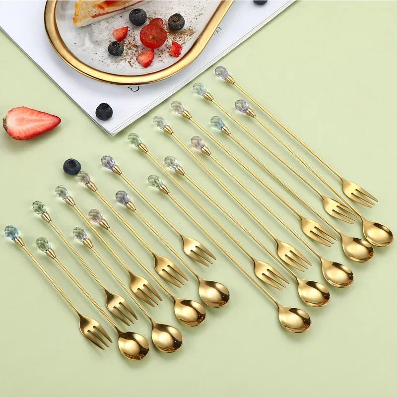 Stainless Steel Diamond Coffee Spoon and Fork Set Creative Crystal Long Handle, Perfect for Desserts, Ice Cream, Cake, and Fruit