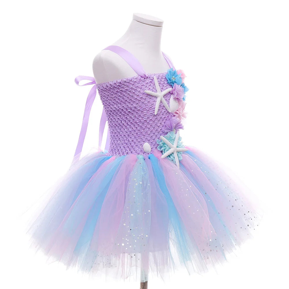 Pastel Mermaid Princess Tutu Dress with Flower Headband Party Costume