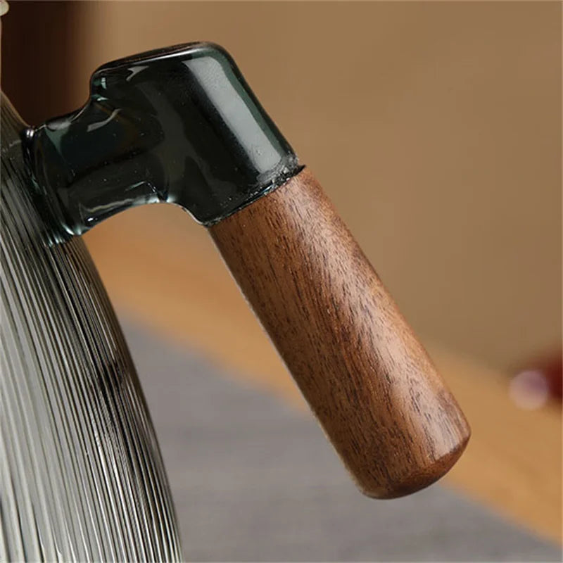 Stripe High Borosilicate Glass Teapot  With Walnut Handle Cooking and Steaming Dual Purpose Glass Tea Pot Tea Kettle Teaware