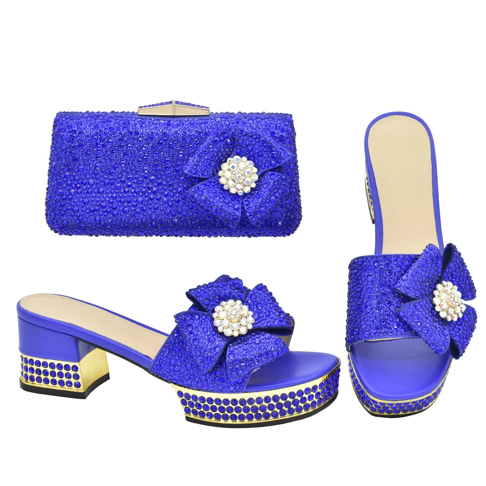 Nigerian Italian Shoes and Bags Set Decorated with Rhinestone Luxury Shoe and Bag Set for Party in Women