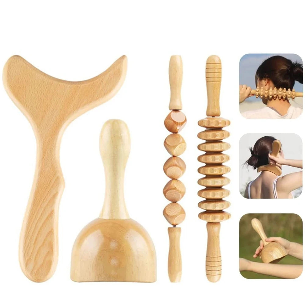 4 in 1 Wood Therapy Massage Tools, Lymphatic Drainage & Cellulite Massager,Professional Maderoterapia Kit, Body Gua Sha Massager