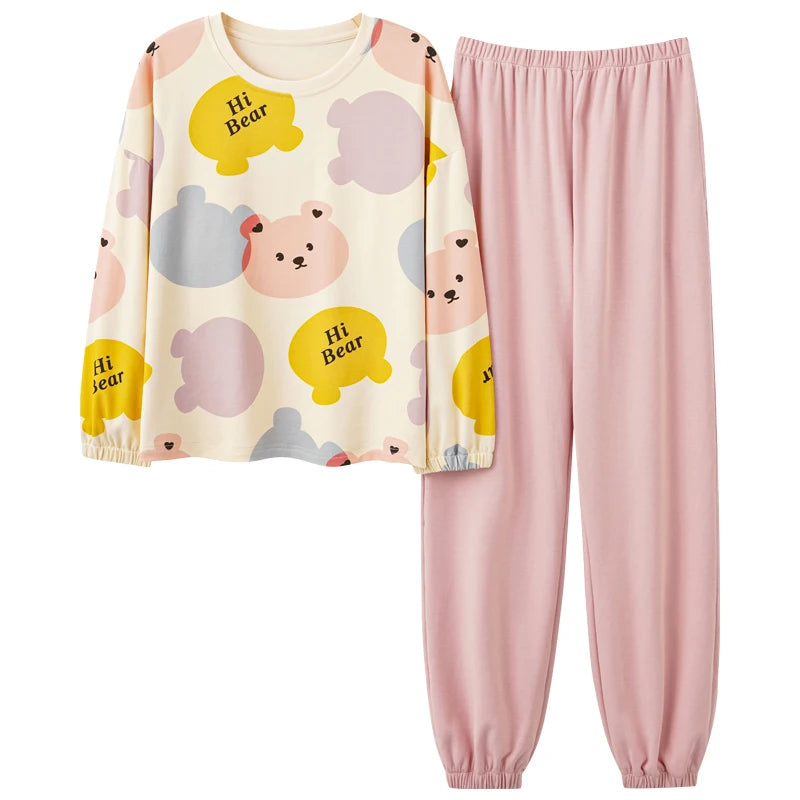 Women’s Cute Lazy Style Cotton Pajama Set – Soft, Loose Long Sleeves & Pants