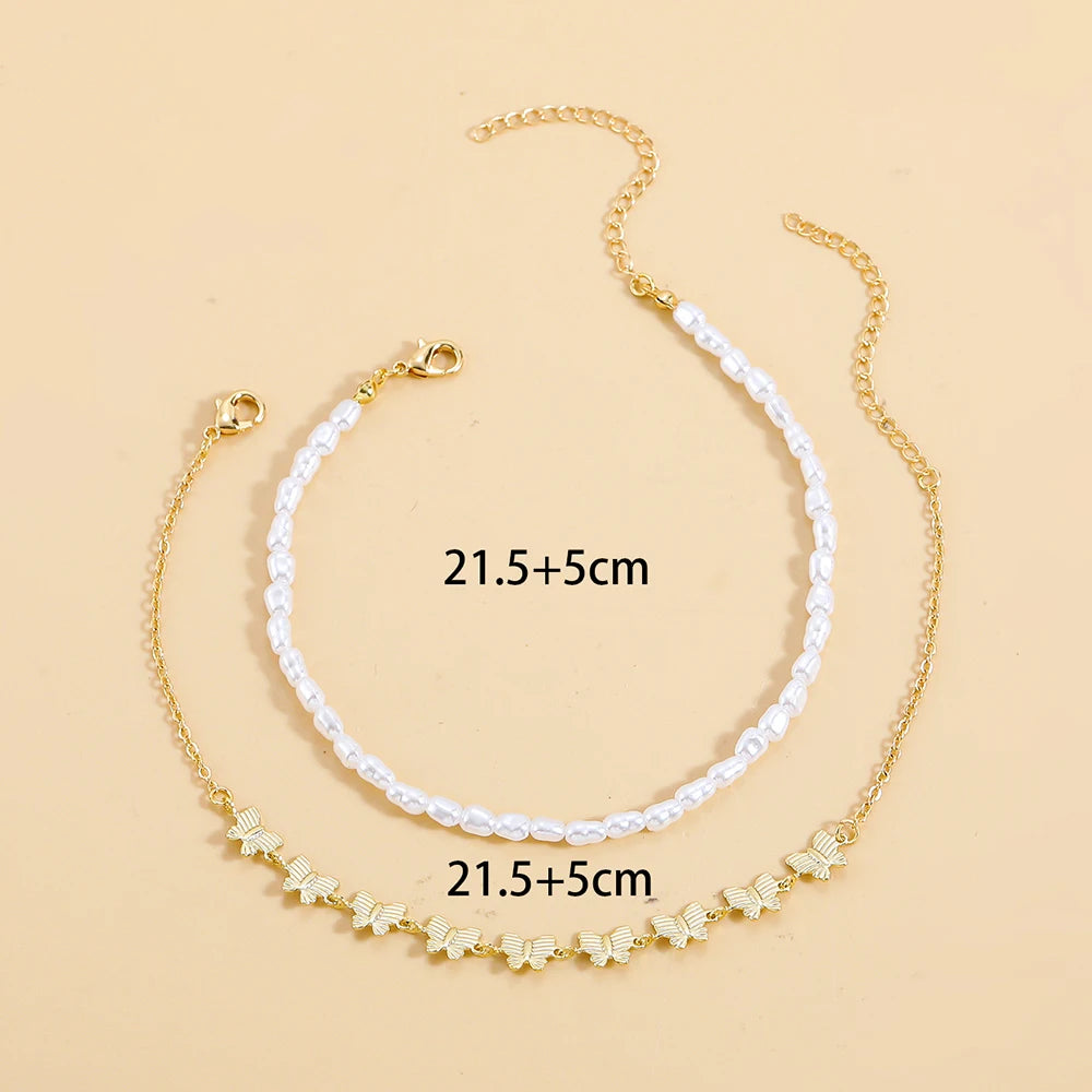 Bohemian Simulated Pearl Chain Anklet Bracelet for Women Double Layer Gold Color Butterfly Anklets