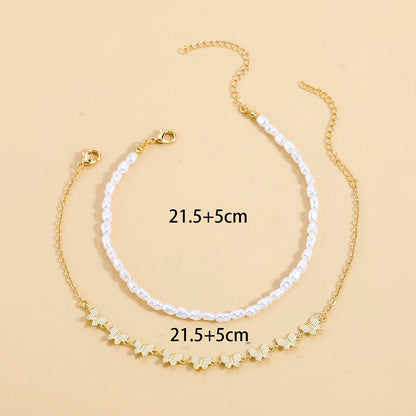 Bohemian Simulated Pearl Chain Anklet Bracelet for Women Double Layer Gold Color Butterfly Anklets