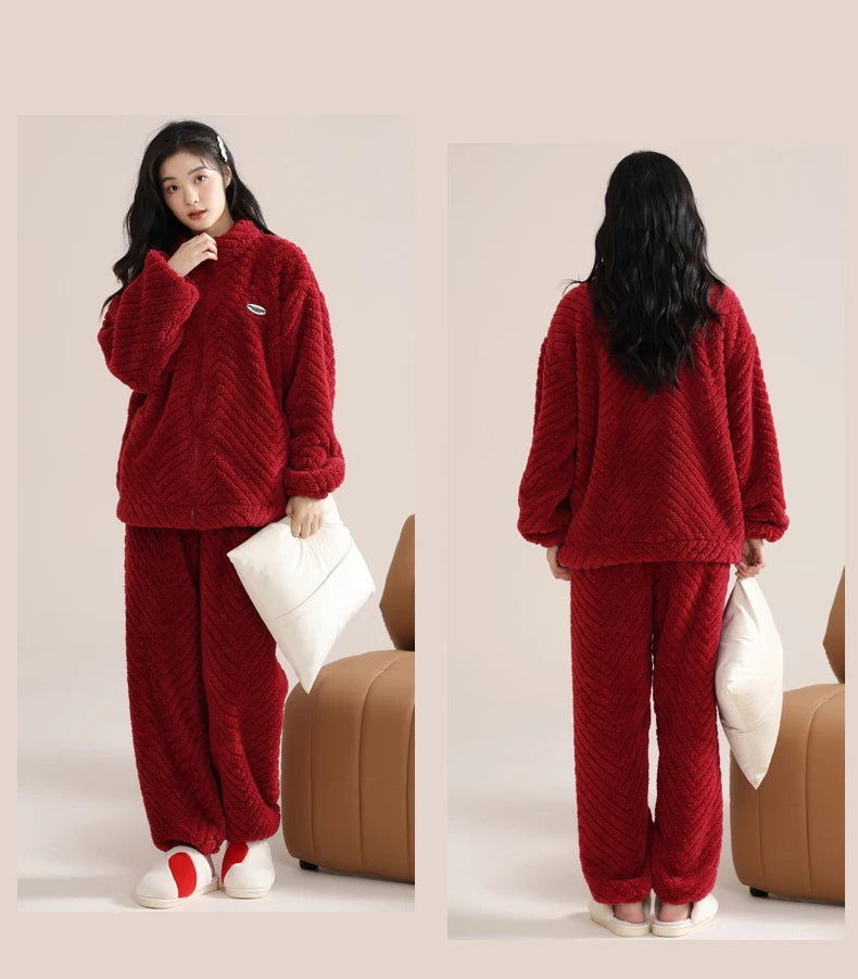 Women’s Winter Flannel Pajama Set – Thick, Soft Coral Fleece with Zipper & Oversized Fit