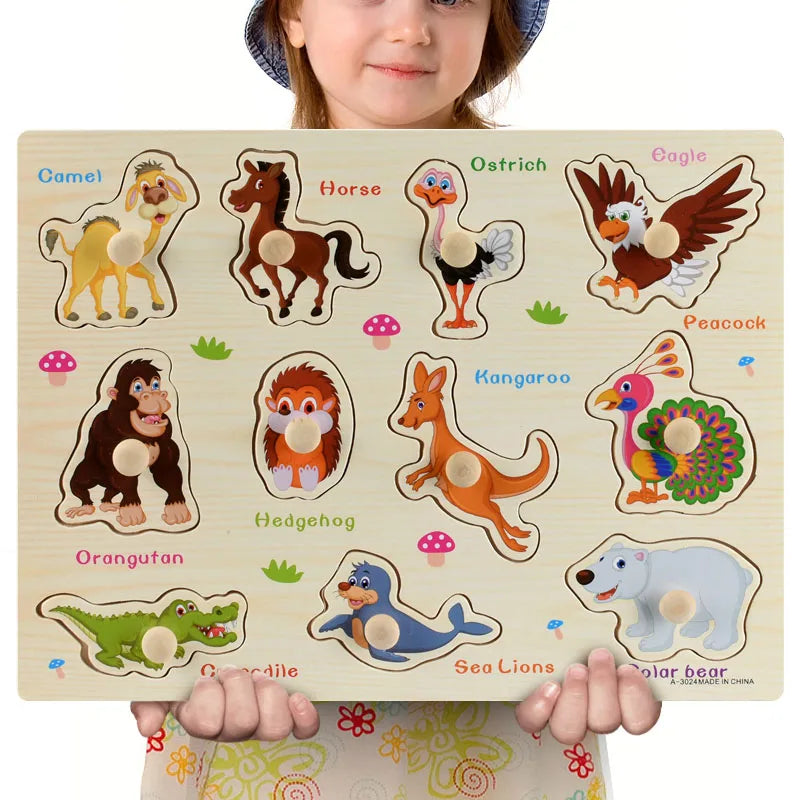 Montessori Wooden Puzzles Hand Grab Boards Toys Tangram Jigsaw  Educational Toys Cartoon Vehicle Animals Fruits 3D Puzzles
