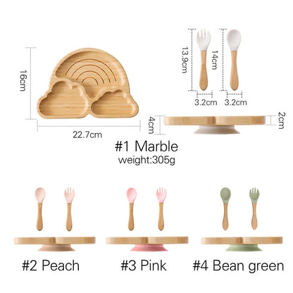 Baby Wooden Tableware Set Sun Bamboo Wooden Plate Bowl Silicone Suction Wooden Handle Fork Spoon for Newborn Feeding Supplies