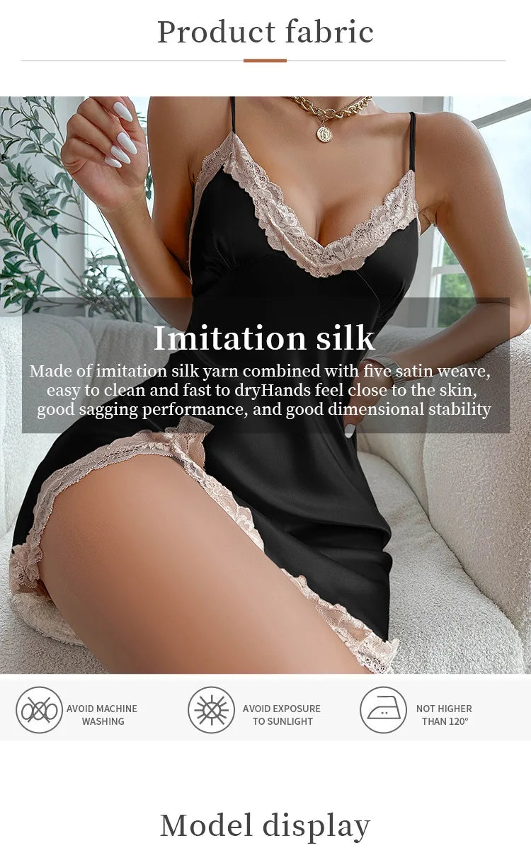 Contrast Lace Satin Nightdress Deep V Backless Lace Up Split Slip Sleep Dress Women's Sleepwear