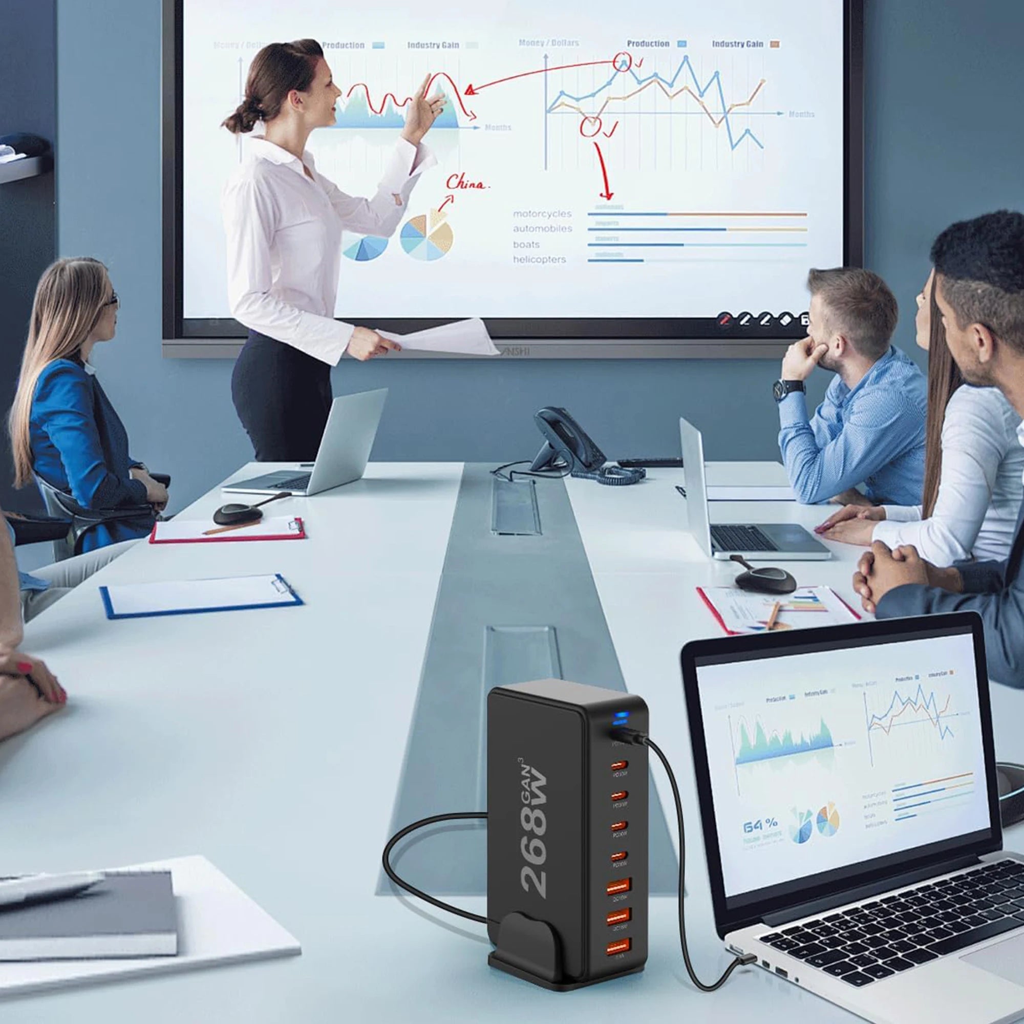 268W USB C Charger, Portable Travel 3rd GaN Charger, 8-Port Fast Charging Station, Multi Port USB Charger, PD100W Laptop Charger