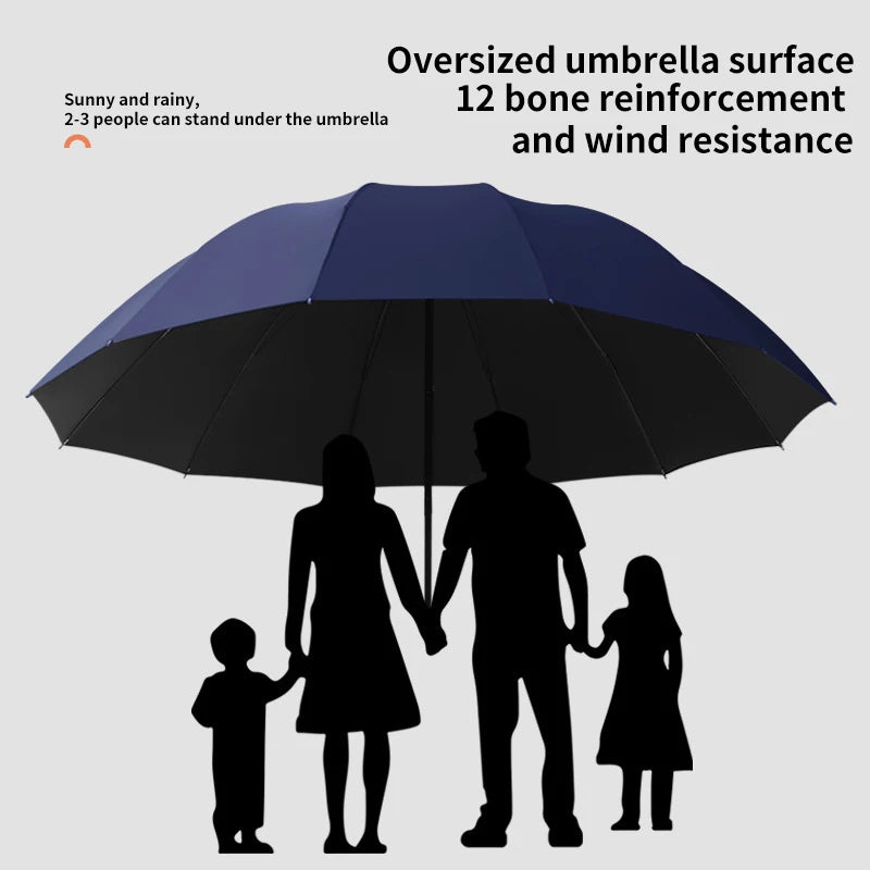 A super large foldable umbrella with black glue and sun protection, reinforced with 12 bones, sturdy for three men and women, su