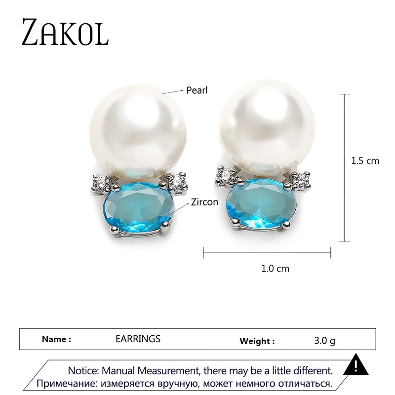 Cute Blue Oval Cubic Zirconia Stud Earrings for Women Small Imitation Pearl Earring