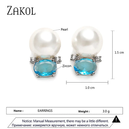 Cute Blue Oval Cubic Zirconia Stud Earrings for Women Small Imitation Pearl Earring