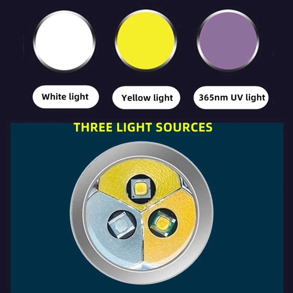 3 In 1 White Yellow UV 365nm Rechargeable LED Flashlight