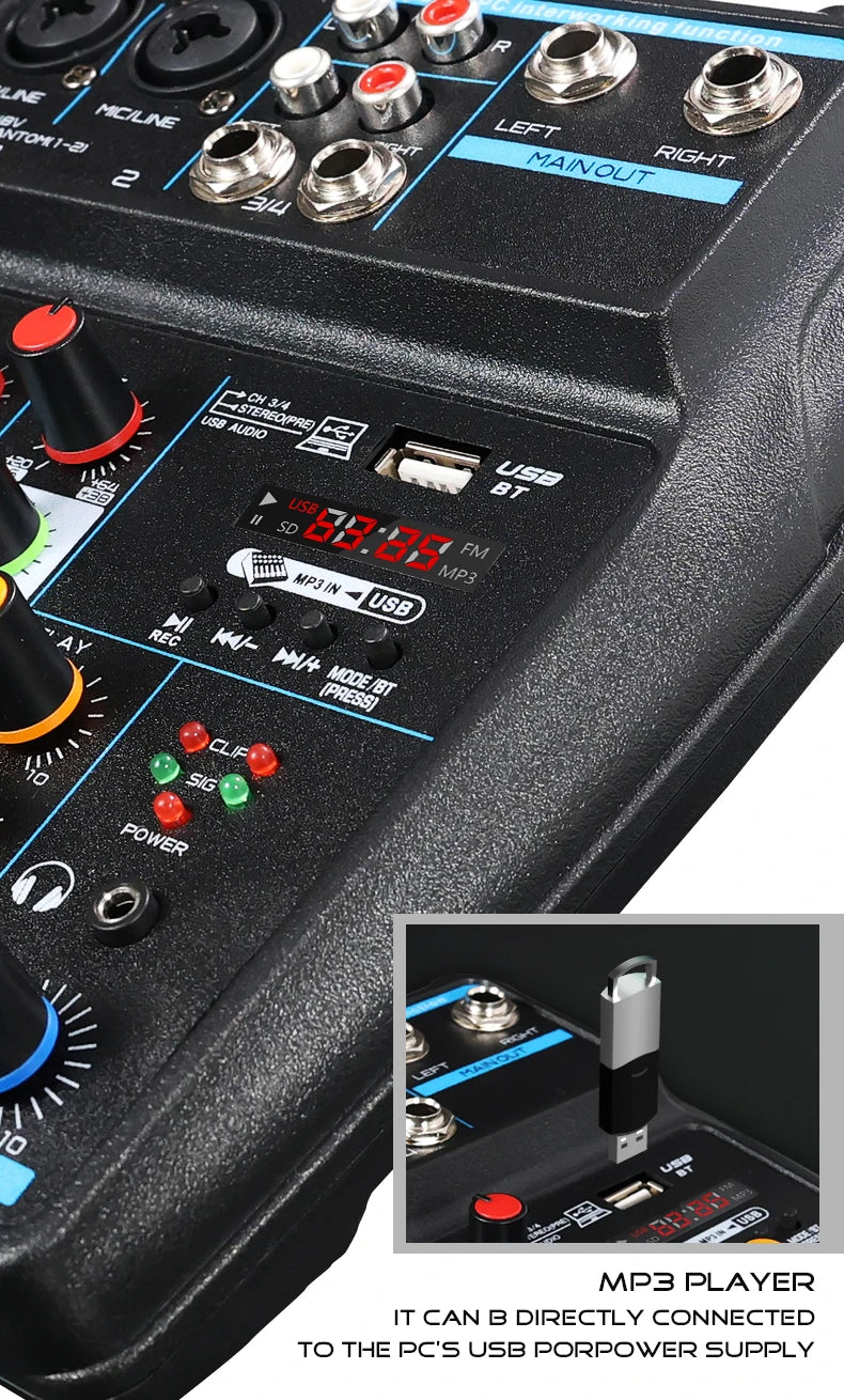4 Channel DJ Audio Mixer With Bluetooth USB And 48V Phantom Power