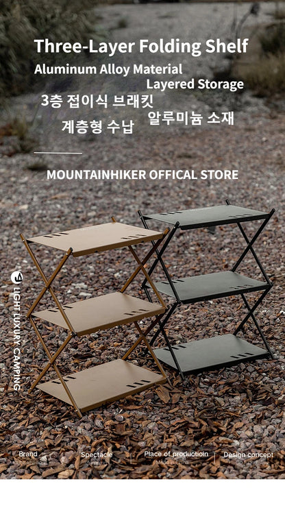 Three-tier Rack Outdoor Storage Shelf Folding Shelf Portable Camping Picnic BBQ Storage Rack Garden Foldable Table