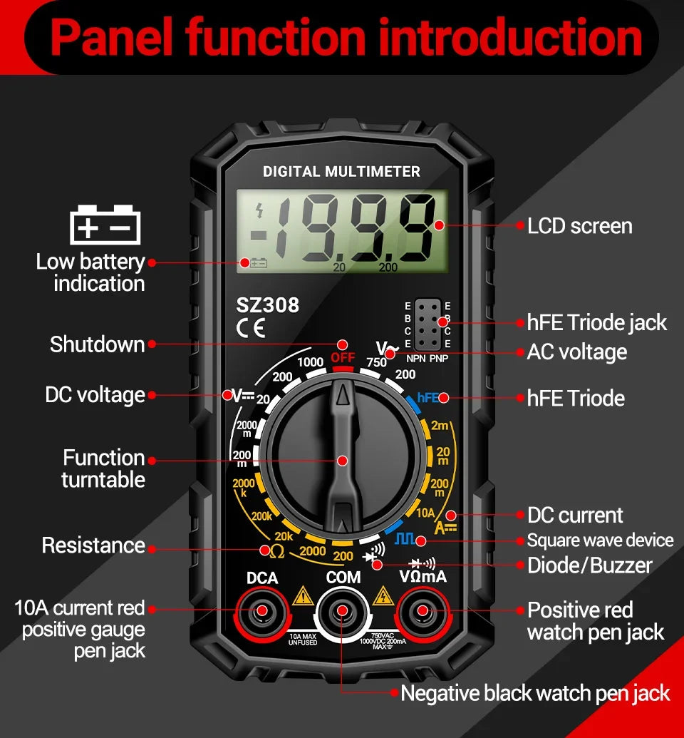 Square Wave Digital Tester 1999 Counts HFE Triode Buzzer Multimeter AC/DC Voltage 10A Current Multimeters Meter Tool