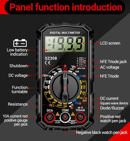 Square Wave Digital Multimeter 1999 Counts HFE Triode Buzzer Tester AC/DC Voltage 10A Current Multimeters Meter Tool