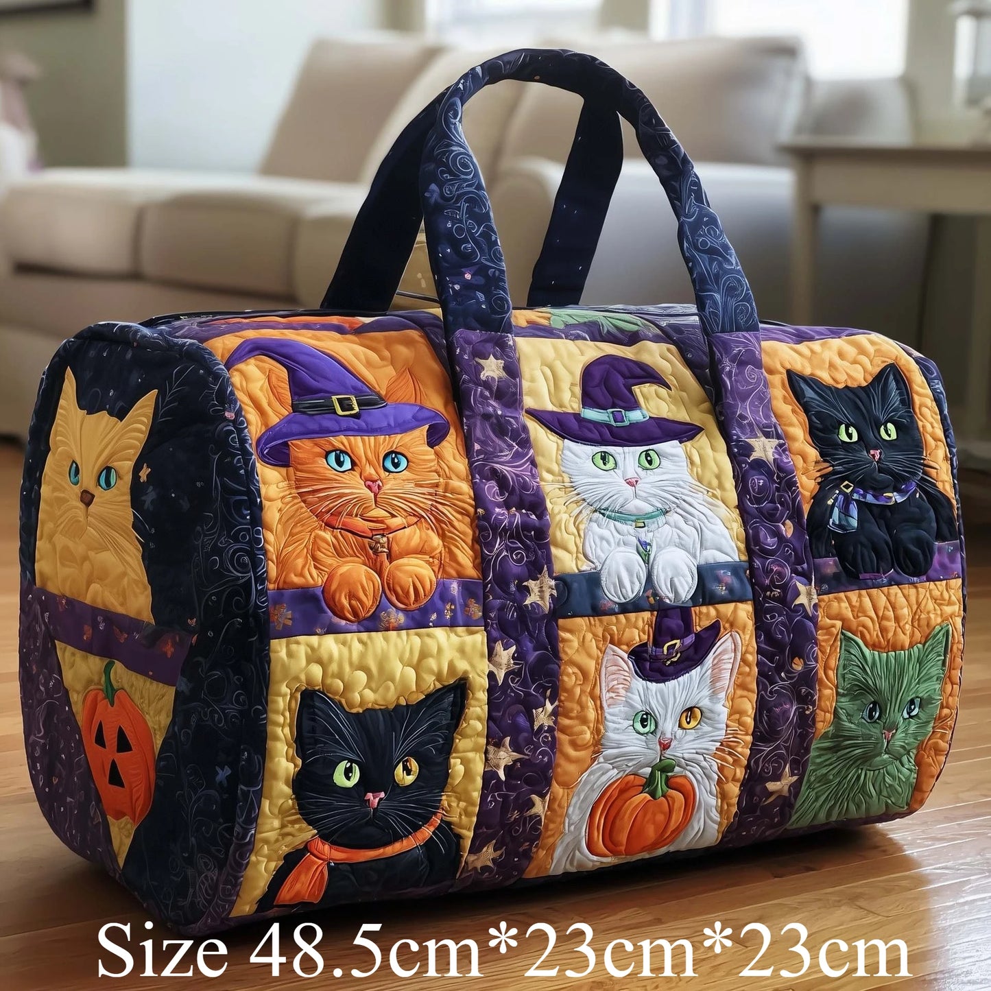 Cute 3D Quilted Cat Tote Bag Halloween Pumpkin Fall Leaves Floral Print Unique Travel Handbag Gift for Cat Lovers Shoulder Purse