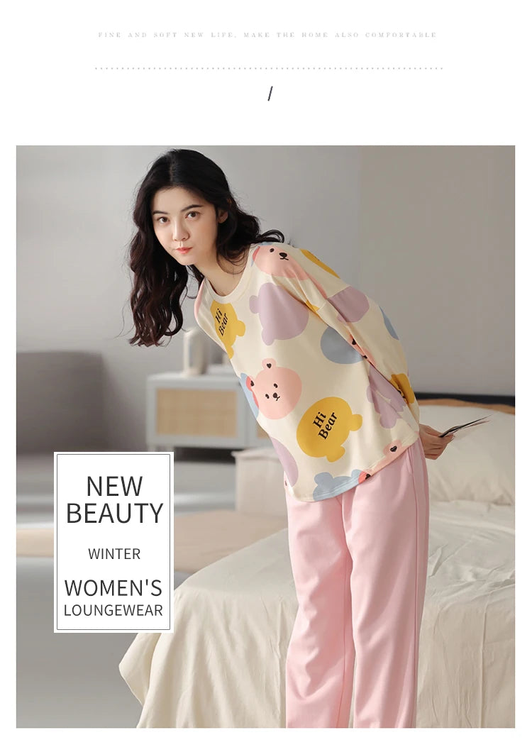 Women’s Cute Lazy Style Cotton Pajama Set – Soft, Loose Long Sleeves & Pants