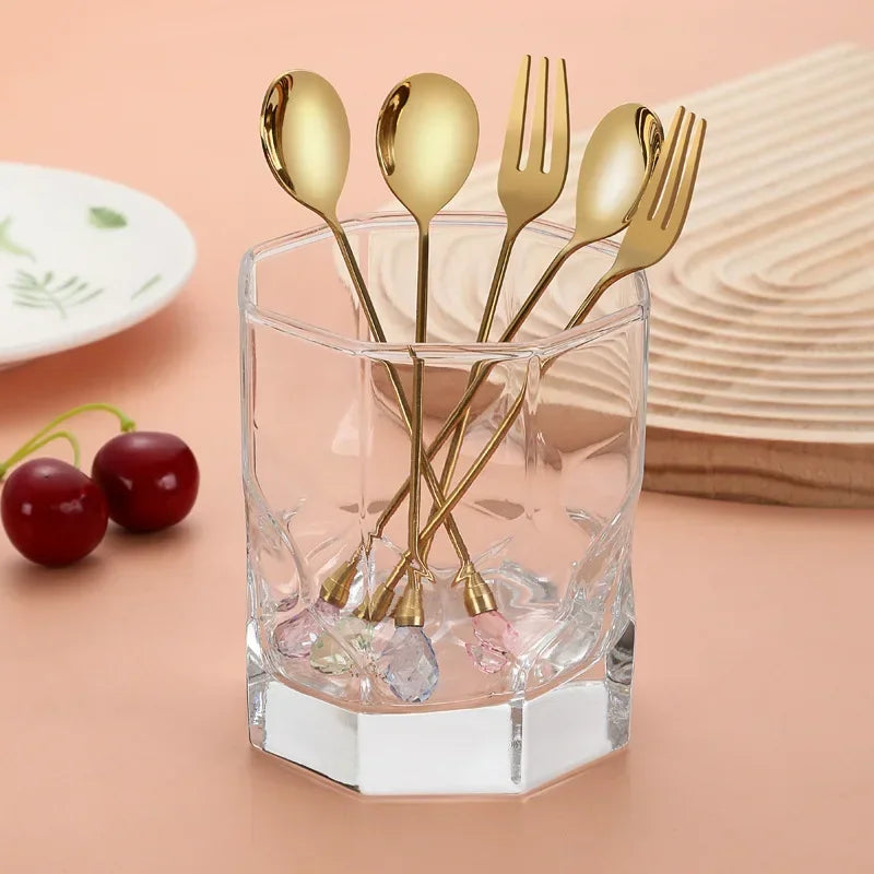 Stainless Steel Diamond Coffee Spoon and Fork Set Creative Crystal Long Handle, Perfect for Desserts, Ice Cream, Cake, and Fruit