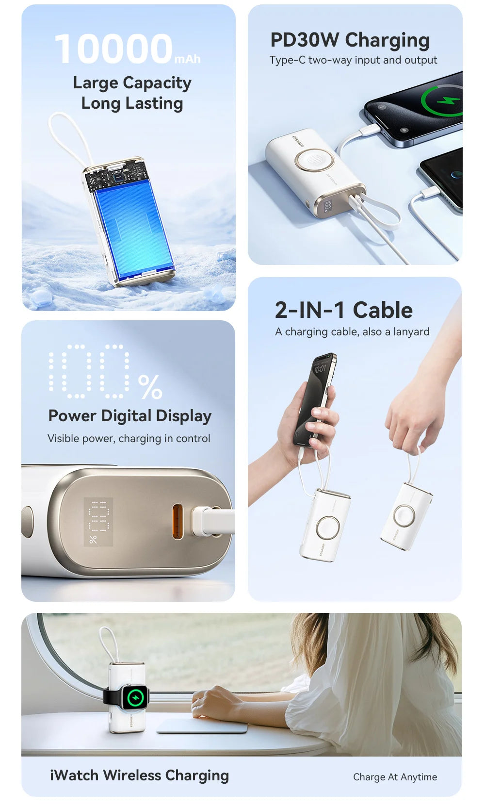 10000mAh Power Bank 30W PD Fast Charging Wireless Magnetic Charger with Built-in Cable & Digital Display