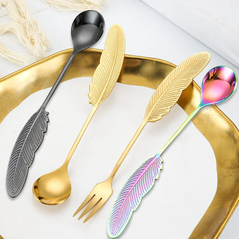 Stainless Steel Feather Spoon, Creative Coffee and Dessert Spoon, Elegant Design for Tea, Ice Cream, Decorative Kitchen Utensils