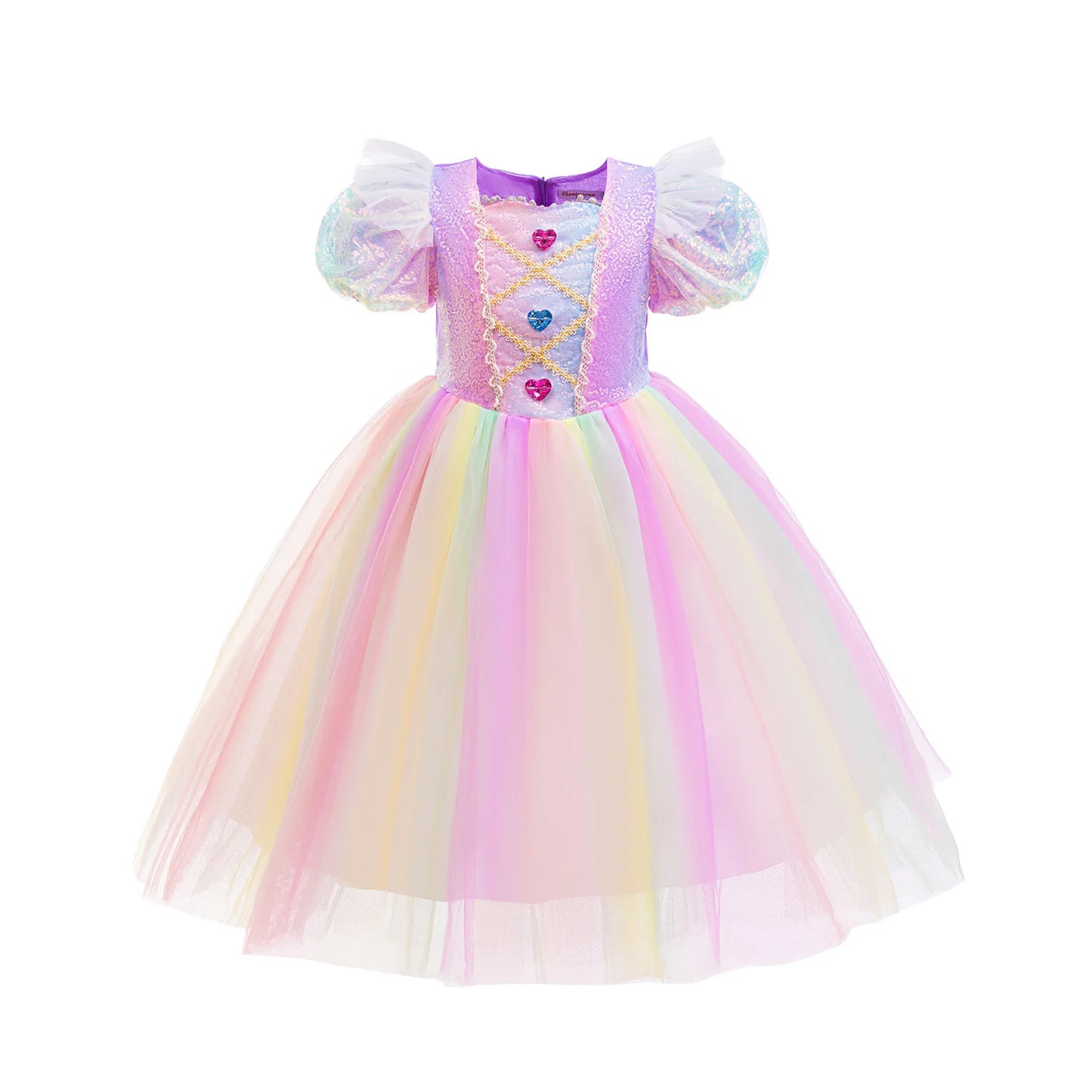 Rainbow Gradient Princess Ball Gown with Puff Bubble Sleeves
