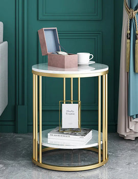 2-Tier White Marble Side Table Round Coffee Table Nightstand Jewellery Storage