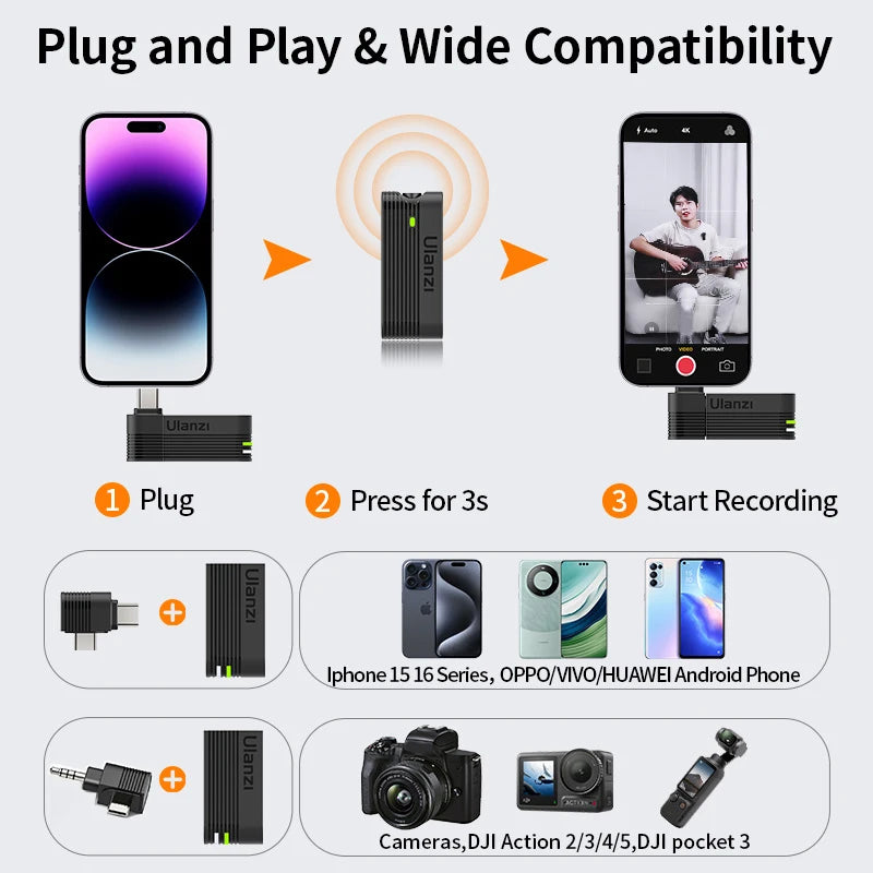 Wireless Lavalier Microphone for iPhone Android Camera Dual Mic with Charging Case