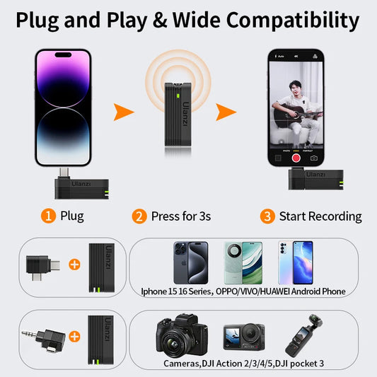 Wireless Lavalier Microphone for iPhone Android Camera Dual Mic with Charging Case