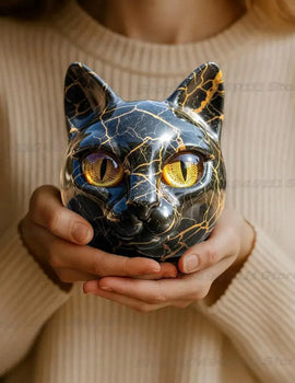 Cat Stone Sculpture Cat Head Figurine with Amber Eyes Smooth Finish Marble Texture Resin Cats Stone for Bedroom Office