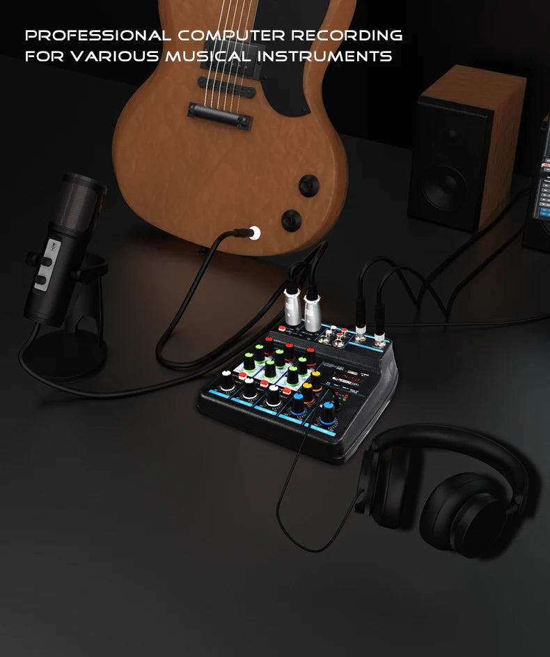 4 Channel DJ Audio Mixer With Bluetooth USB And 48V Phantom Power
