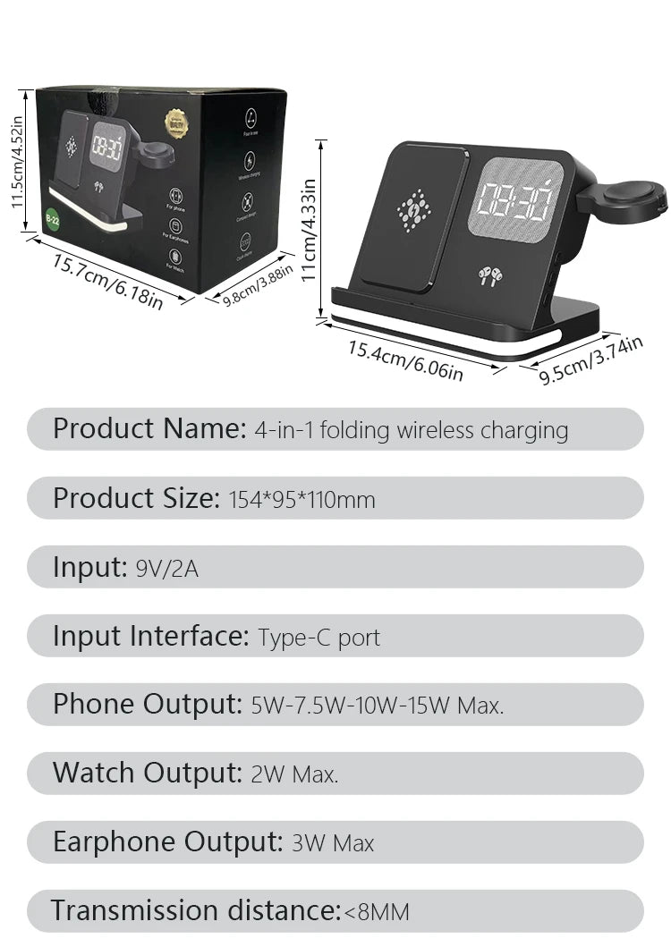 Four in one desktop clock wireless charger that can charge phones, headphones, and watches simultaneously