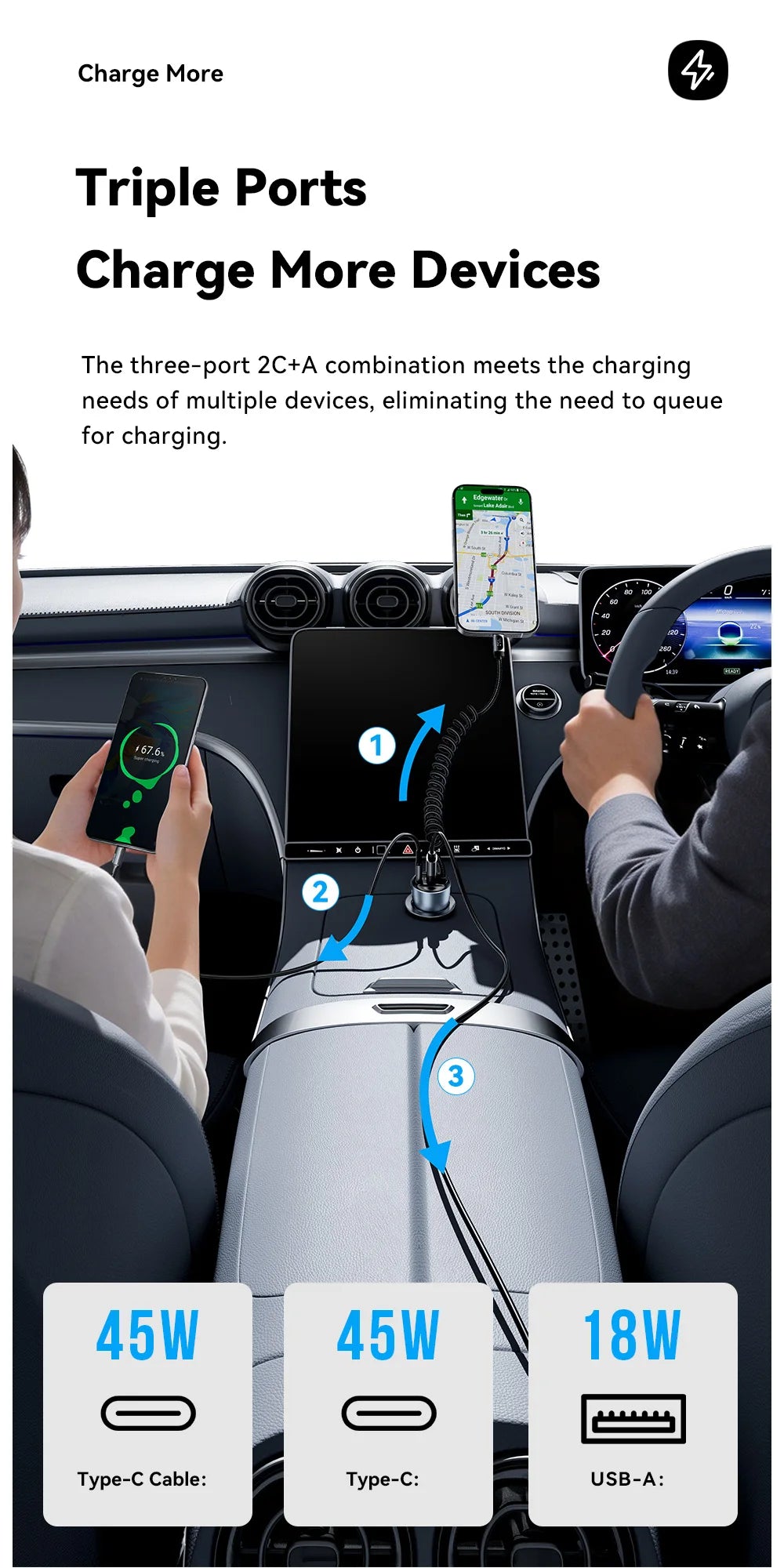 108W Car Charger PD Fast Charging 2 USB C + USB A with Digital Display Spring Cable